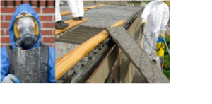Image of a person and people in protective clothing removing asbestos from a property.